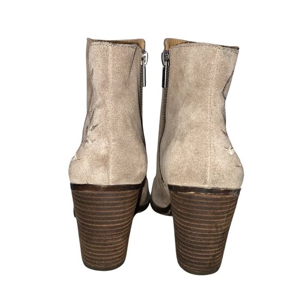 Lucky Brand Eleanor Taupe Suede leather Ankle Boots Embroidered Detail Stacked 9 - Picture 5 of 13
